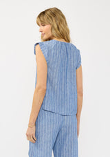 [Color: Blue] A back facing image of a blonde model wearing a blue striped top with a split v neckline, ties, and cap sleeves. Styled with a matching bottom. 