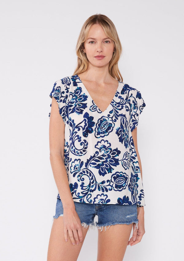 [Color: Vanilla/Navy] Floral tile print blouse with a v neck , flutter cap sleeves, and pleated shoulder detail. A casual summer top for any occasion.