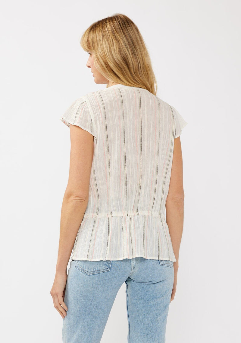[Color: White/Coral] A back facing image of a blonde model wearing an off white yarn dye stripe top with embroidered eyelet details. This sheer cotton top features a round neckline, button front, short sleeves, and a peplum waist with an adjustable drawstring. Perfect for casual outings and resort styling. 