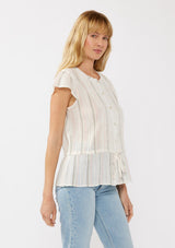 [Color: White/Coral] A side facing image of a blonde model wearing an off white yarn dye stripe top with embroidered eyelet details. This sheer cotton top features a round neckline, button front, short sleeves, and a peplum waist with an adjustable drawstring. Perfect for casual outings and resort styling. 