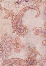 [Color: Blush/Rose] A detail image of a pink paisley floral blouse with gold foil accents. 