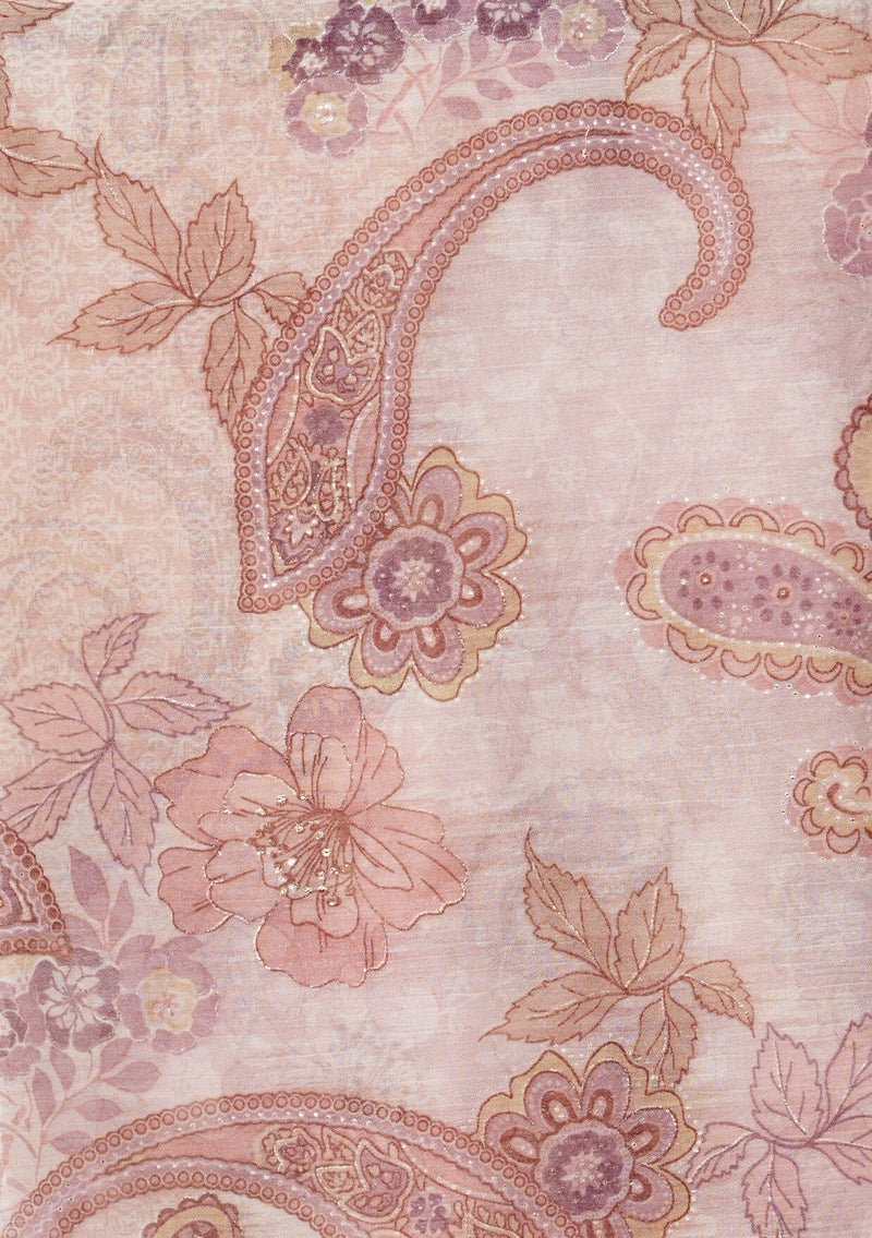 [Color: Blush/Rose] A detail image of a pink paisley floral blouse with gold foil accents. 