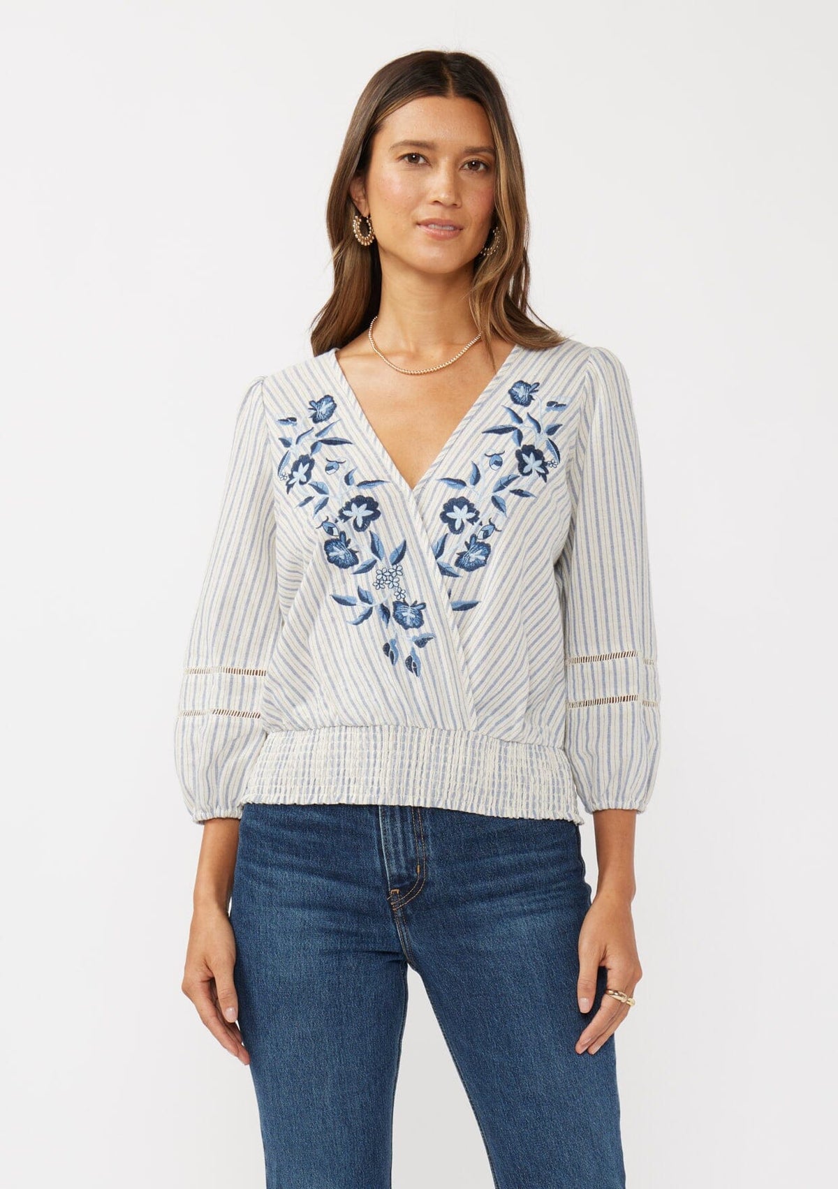はる　stripe embroider logo blouse Blue Floral Embroidered Smocked Blouse + Striped | LOVESTITCH
