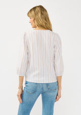 [Color: Sand/White] A back facing image of a blonde model wearing a summer striped tie front top with a v neckline and long sleeves.