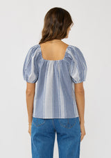 [Color: Navy/White] A back facing image of a brunette model wearing a blue and white checkered puff sleeve top with an elastic round neckline. 