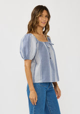 [Color: Navy/White] A side facing image of a brunette model wearing a blue and white checkered puff sleeve top with an elastic round neckline. 