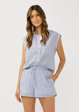 [Color: Blue/White] A front facing image of a brunette model wearing a blue and white striped top with rolled cap sleeves, a button front, and a mandarin collar.  