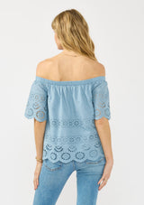 [Color: Ocean Blue] A back facing image of a blonde model wearing a light blue off shoulder top with eyelet detail. 