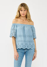 [Color: Ocean Blue] A front facing image of a blonde model wearing a light blue off shoulder top with eyelet detail. 