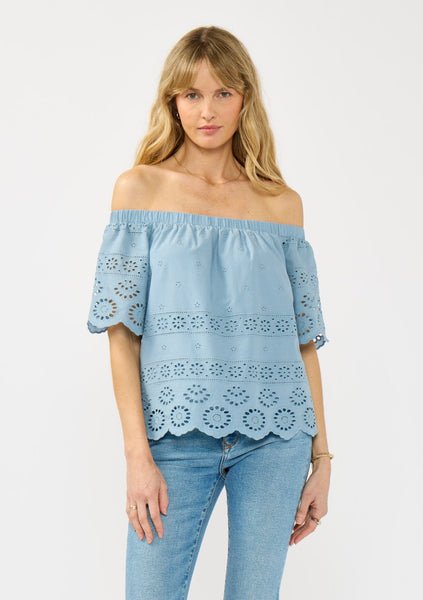 Women's Blue Off Shoulder Eyelet Top | LOVESTITCH