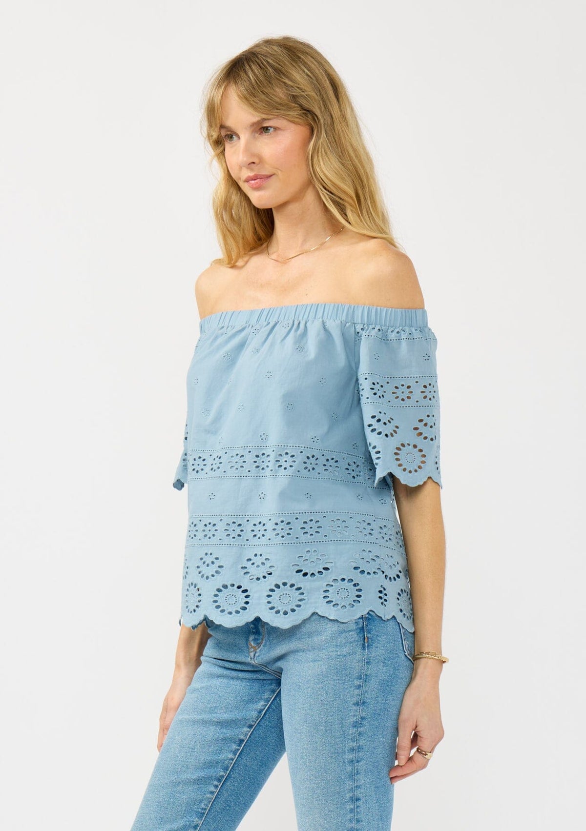 Women's Blue Off Shoulder Eyelet Top | LOVESTITCH