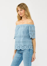 [Color: Ocean Blue] A side facing image of a blonde model wearing a light blue off shoulder top with eyelet detail. 