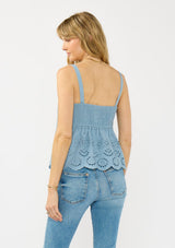 [Color: Ocean Blue] A back facing image of a blonde model wearing a light blue eyelet top with adjustable straps and pintuck details.