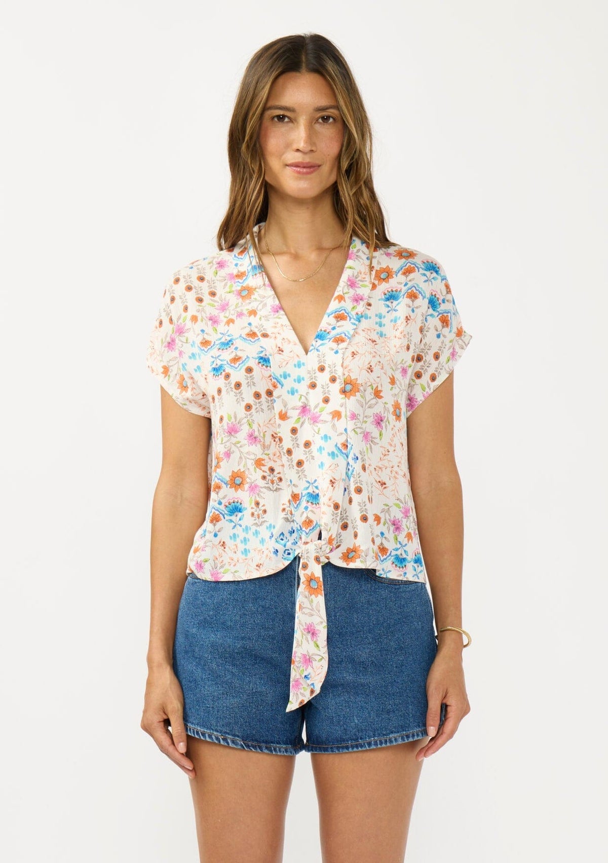 Women's Orange & Blue Floral Tie Front Top | LOVESTITCH