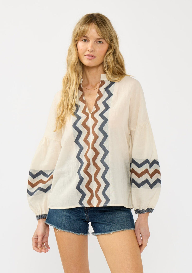 CHÉNE DE MAISON Jacquard blouse Size Medium Savanna Jane Rust Striped Embroidered Blouse