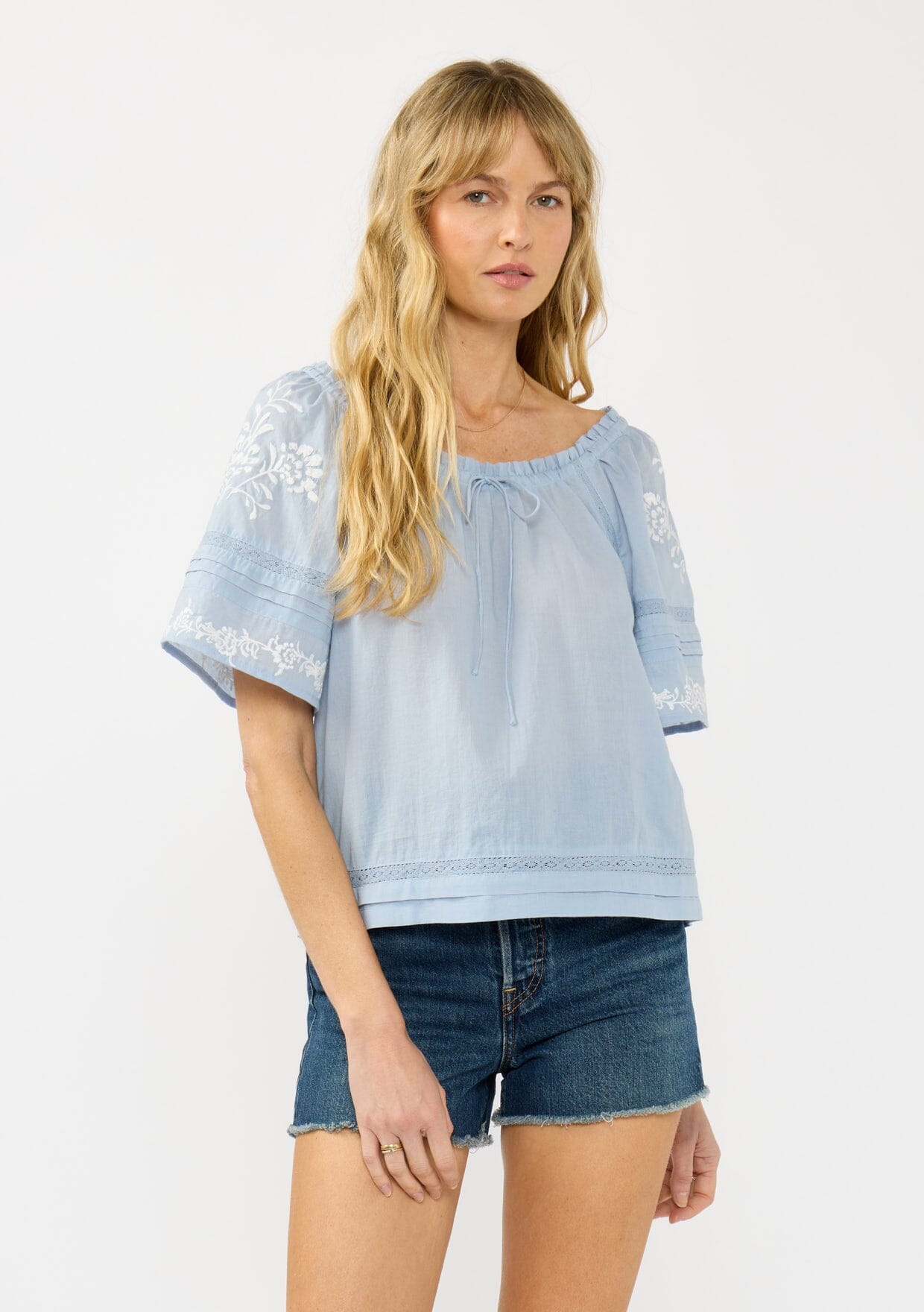 Women's Blue Embroidered Short Sleeve Top | LOVESTITCH