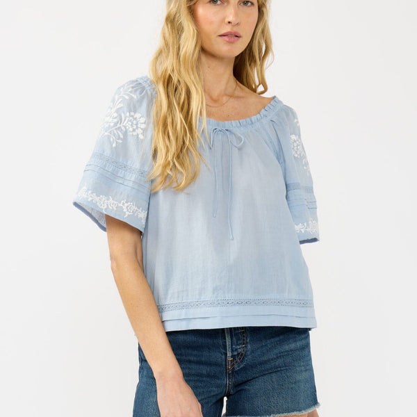 Women's Blue Embroidered Short Sleeve Top | LOVESTITCH
