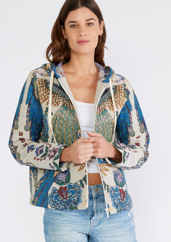 [Color: Natural/Teal] Bohemian statement hoodie in teal blue peacock tapestry design.