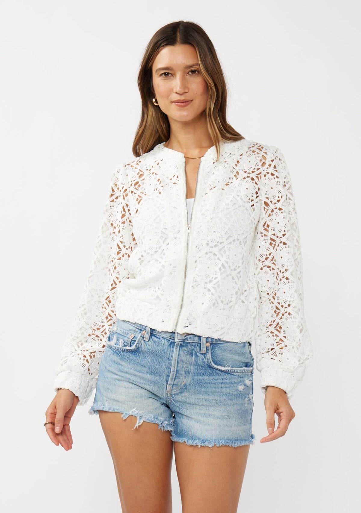 新品未使用【hibiniti】volume sleeve lace jacket Women's Floral Lace Zip-Up Bomber Jacket | LOVESTITCH