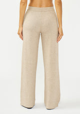 [Color: Heather Taupe] A back facing image of a beige knit pant with a drawstring waist and a side cable knit detail.