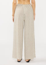 [Color: Natural/Black] A back facing image of a beige bottom with black stripes. Featuring an elastic waist with a drawstring and side pockets. 