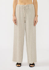 [Color: Natural/Black] A front facing image of a beige bottom with black stripes. Featuring an elastic waist with a drawstring and side pockets. 