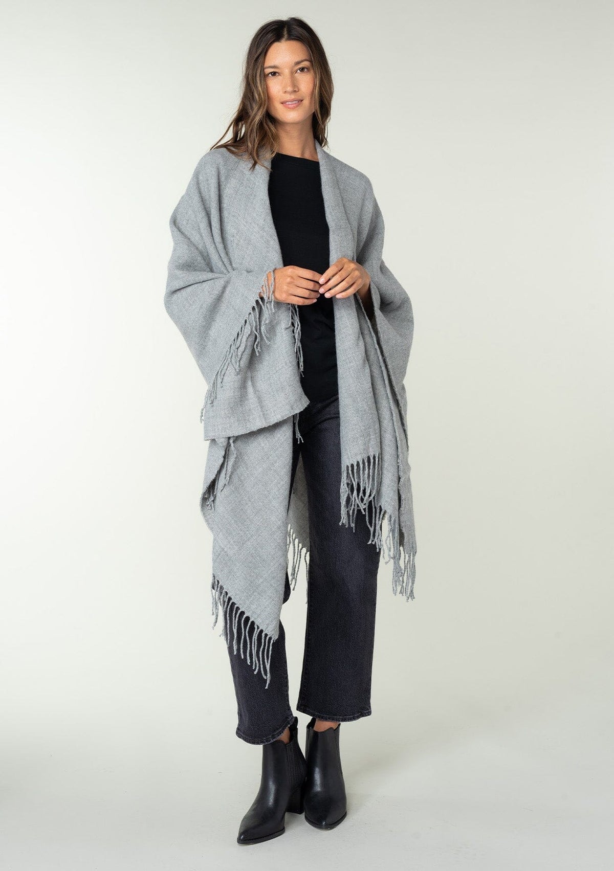 Women's Grey Oversized Blanket Poncho + Fringe trim | LOVESTITCH