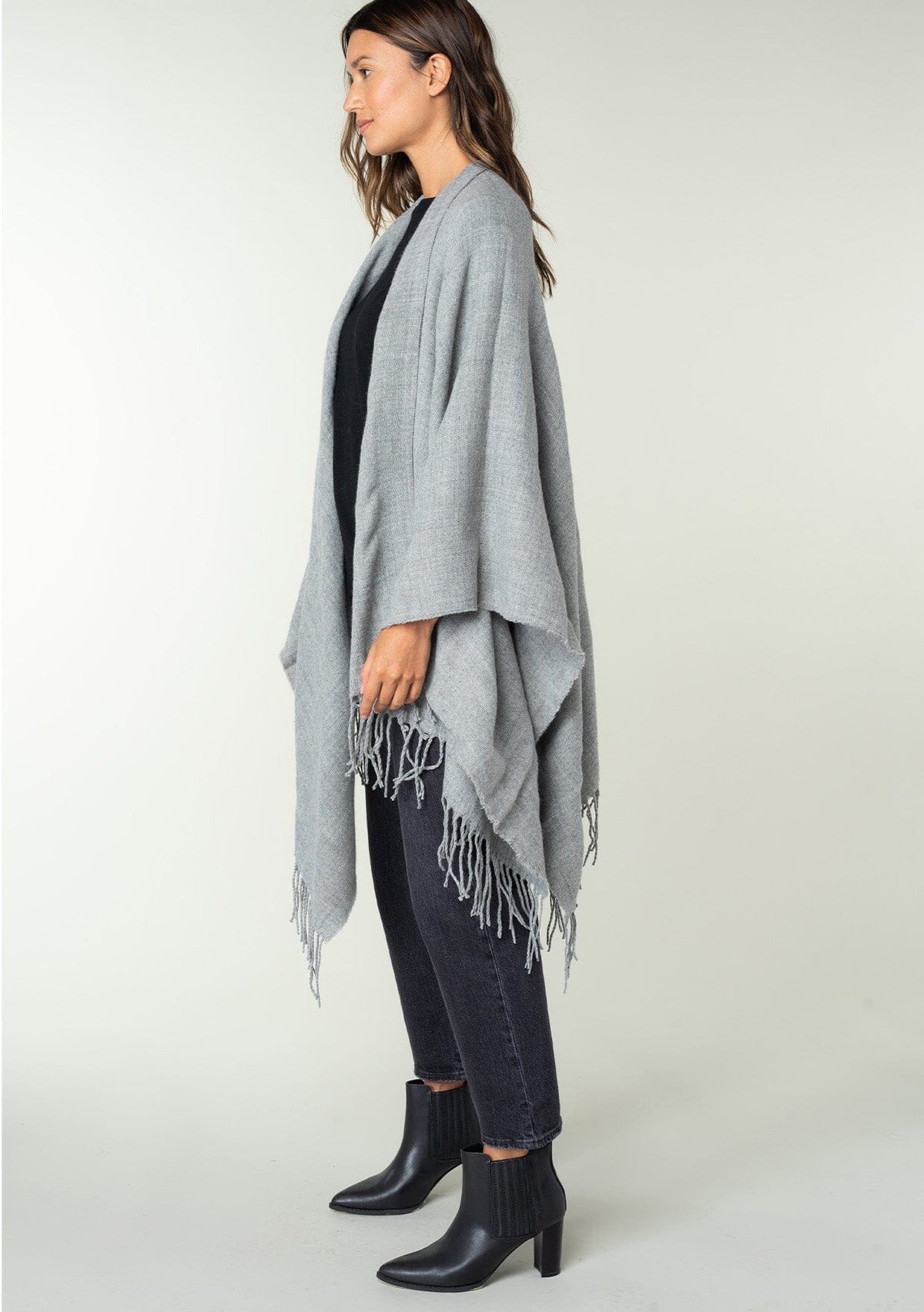 Women's Grey Oversized Blanket Poncho + Fringe trim | LOVESTITCH
