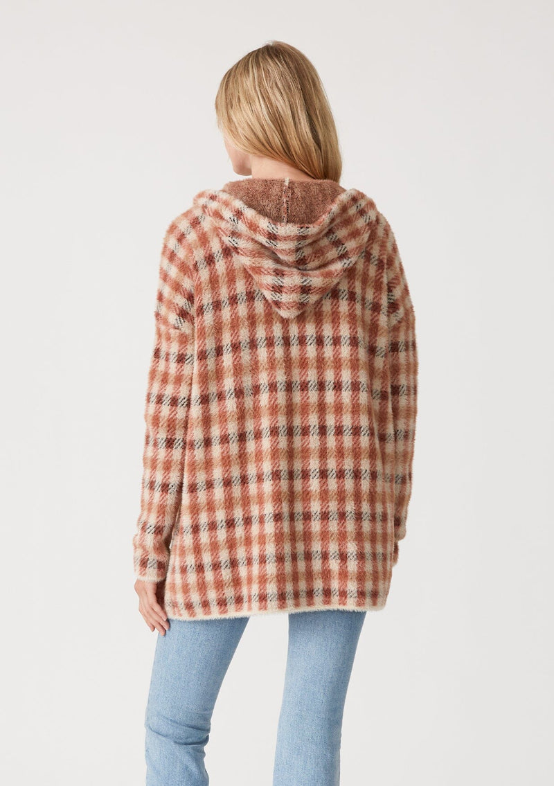 [Color: Rust/Natural] A back facing image of a blonde model wearing a fuzzy hooded cardigan in a brown plaid check design. With long sleeves and an open front.