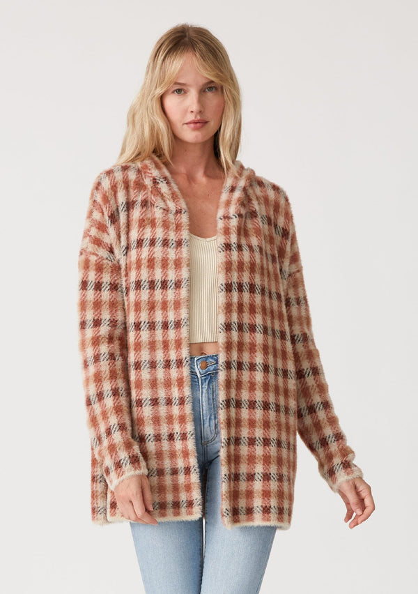 [Color: Rust/Natural] A front facing image of a blonde model wearing a fuzzy hooded cardigan in a brown plaid check design. With long sleeves and an open front.