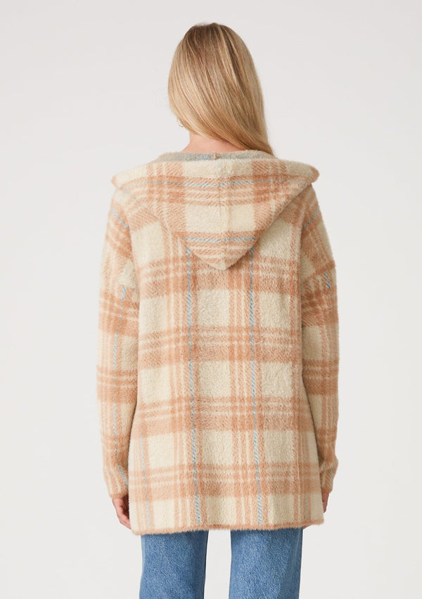 [Color: Taupe/Blue] A back facing image of a blonde model wearing a fuzzy hooded cardigan in a brown plaid design. With long sleeves and an open front. 