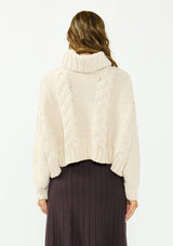 [Color: Bone] A back facing image of a brunette model wearing a cream cable knit sweater with a turtleneck over a brown maxi skirt. 