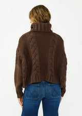 [Color: Chocolate] A back facing image of a brunette model wearing a dark brown cable knit sweater with a turtleneck. 
