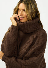 [Color: Chocolate] A detail image of a brunette model wearing a dark brown cable knit sweater with a turtleneck. 