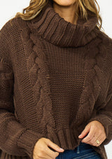 [Color: Chocolate] A detail image of a brunette model wearing a dark brown cable knit sweater with a turtleneck. 