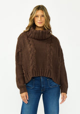 [Color: Chocolate] A front facing image of a brunette model wearing a dark brown cable knit sweater with a turtleneck. 