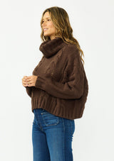 [Color: Chocolate] A side facing image of a brunette model wearing a dark brown cable knit sweater with a turtleneck. Styled with dark wash denim and brown boots. 