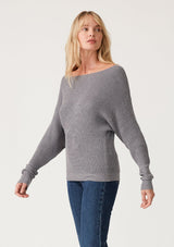 [Color: Heather Charcoal] A side facing image of a blonde model wearing a dark heather grey waffle knit pullover sweater. With long sleeves, a relaxed fit, and a wide neckline that can be worn off the shoulder.