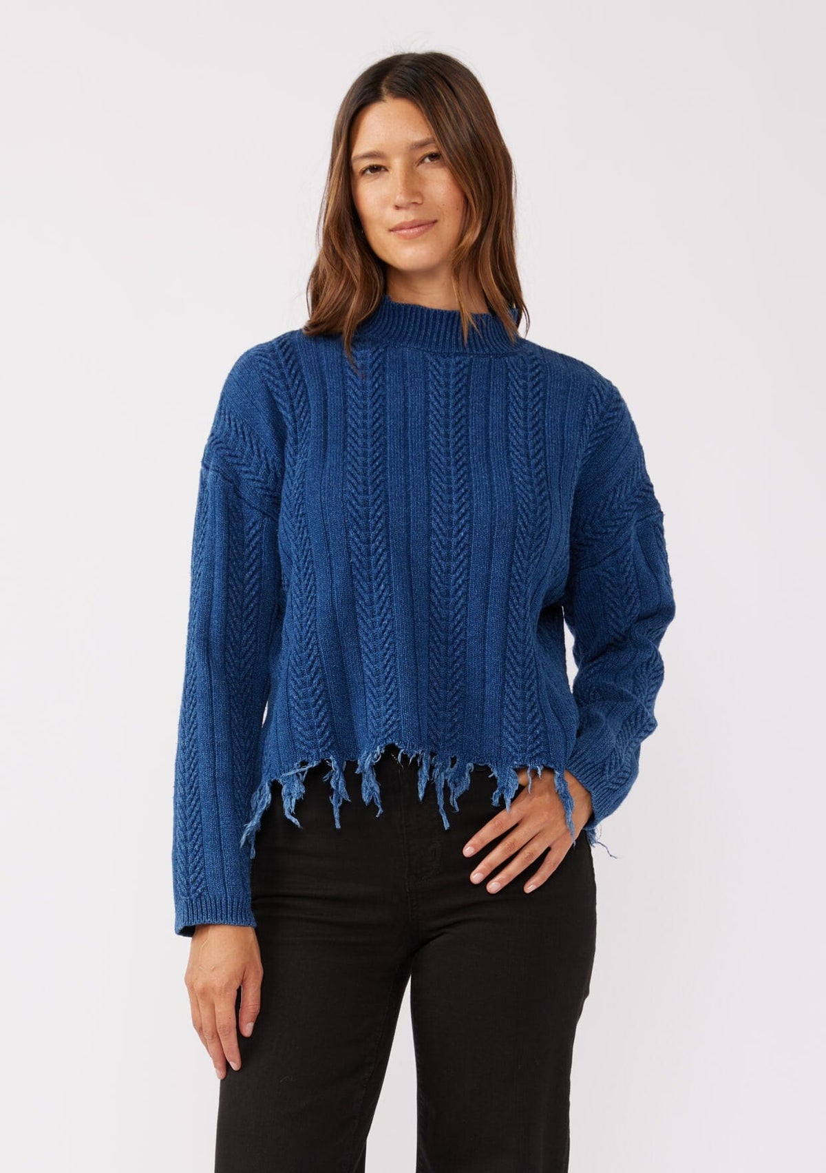 Indigo Cable Knit Fringe Sweater | LOVESTITCH