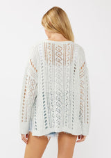 [Color: Blue] A back facing image of a blonde model wearing a light blue open knit crochet pullover sweater with a v-neckline long sleeves, dropped shoulders, and a side vents. Designed for a relaxed look and fit for the spring season. 