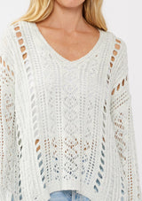 [Color: Blue] A detail image of a blonde model wearing a light blue open knit crochet pullover sweater with a v-neckline long sleeves, dropped shoulders, and a side vents. Designed for a relaxed look and fit for the spring season. 