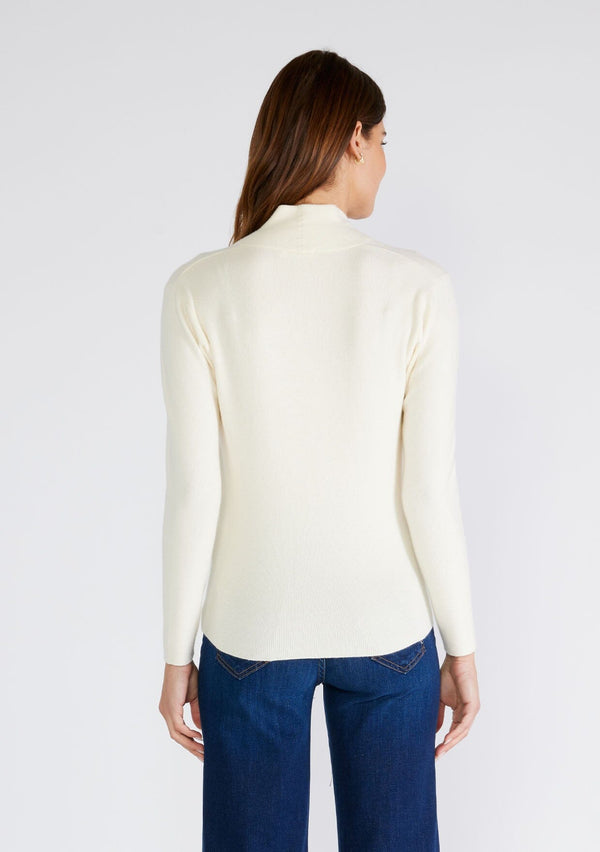 [Color: Cream] A back facing image of a brunette model wearing a cream colored knit sweater top. With a slim fit, long sleeves, a deep v neckline, and a twist front detail. 