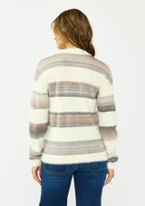 [Color: Ivory/Taupe] A back facing image of a brunette model wearing a fuzzy striped cardigan with a v neckline, dropped shoulders, and a button front. 