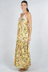 [Color: Corn Combo] A woman wearing a yellow floral lace dress. With a tiered skirt, a lace trim v neckline and racer back, and adjustable spaghetti straps.