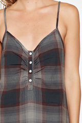 [Color: Dark Grey] Throw it back to the nineties with our effortlessly chic and easy plaid midi dress. Made from one hundred percent cotton, this tank top dress features a flattering v neckline with front button detail and breezy side slits for movement. Styled here with black heels.