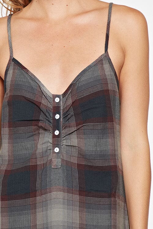 [Color: Dark Grey] Throw it back to the nineties with our effortlessly chic and easy plaid midi dress. Made from one hundred percent cotton, this tank top dress features a flattering v neckline with front button detail and breezy side slits for movement. Styled here with black heels.