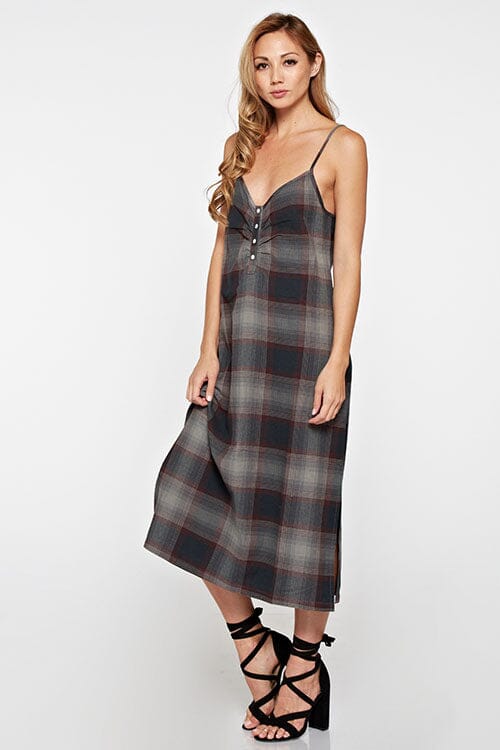 [Color: Dark Grey] Throw it back to the nineties with our effortlessly chic and easy plaid midi dress. Made from one hundred percent cotton, this tank top dress features a flattering v neckline with front button detail and breezy side slits for movement. Styled here with black heels.