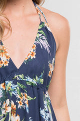 [Color: Navy] Lovestitch navy, floral printed, halter mini dress featuring shark bite hem and open back.