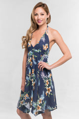 [Color: Navy] Lovestitch navy, floral printed, halter mini dress featuring shark bite hem and open back.