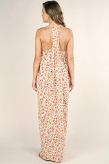 [Color: Cream/Blush] Lovestitch pink Floral printed, pleated racerback maxi dress with side pockets. 